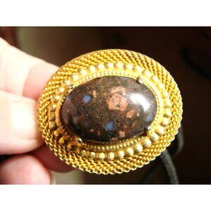 Natural Stone Cabochon Bolo Tie Oval Gold Tone Slide Brass Tips Black Cord Vtg